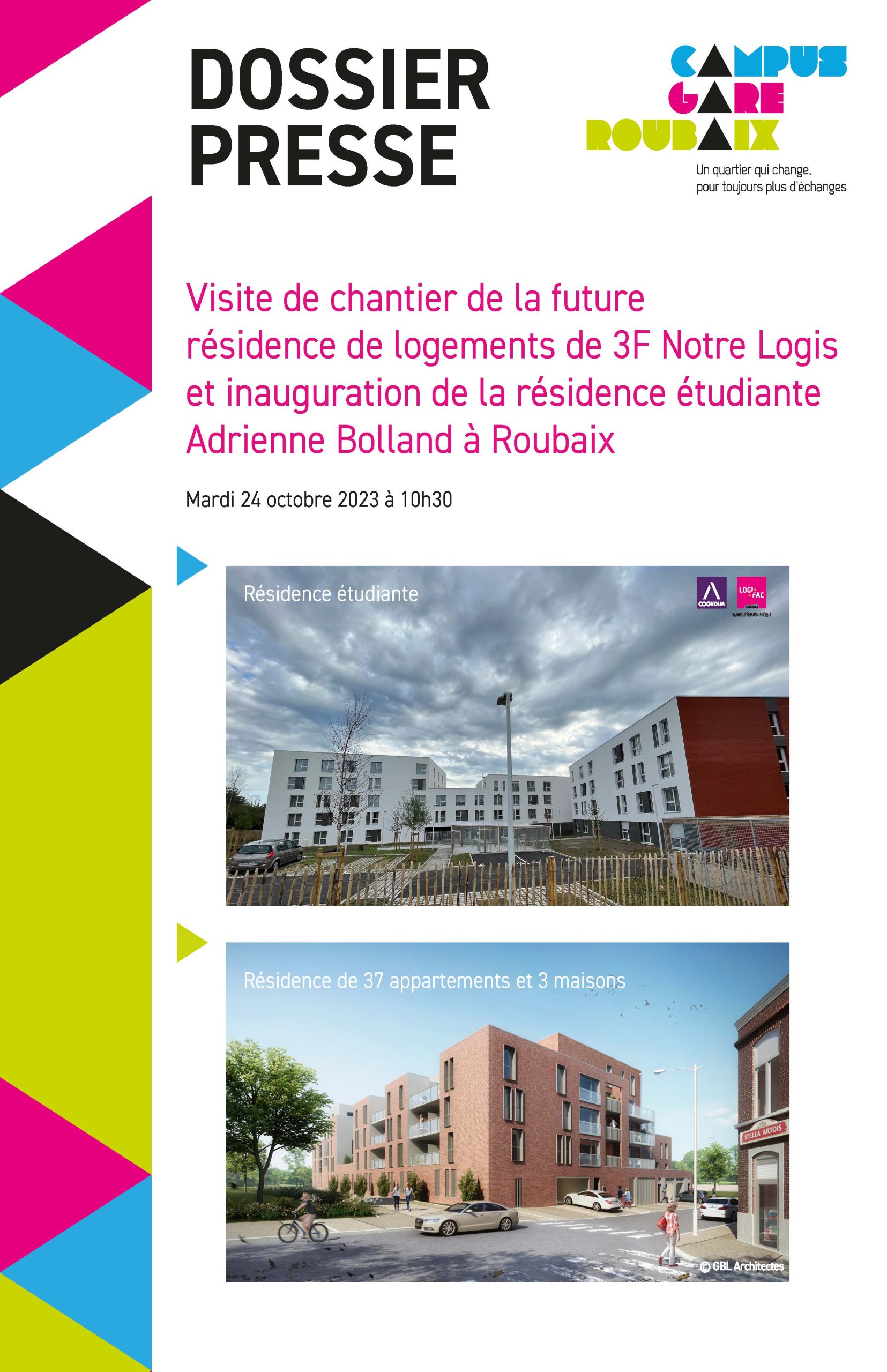 Visite de chantier de la future résidence de logements de 3F Notre Logis et inauguration de la résidence étudiante Adrienne Bolland de Cogedim à Roubaix